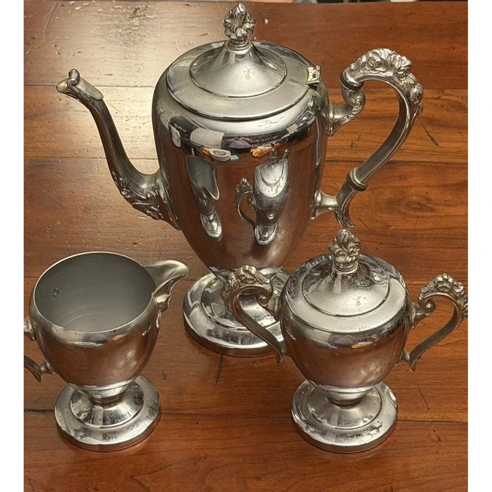 Vintage Cromwell Silver Mfg Corp Chromium 3 Pc Coffee Tea Set Teapot Art Deco